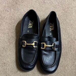 Zara Black Leather Loafers with Gold Buckle